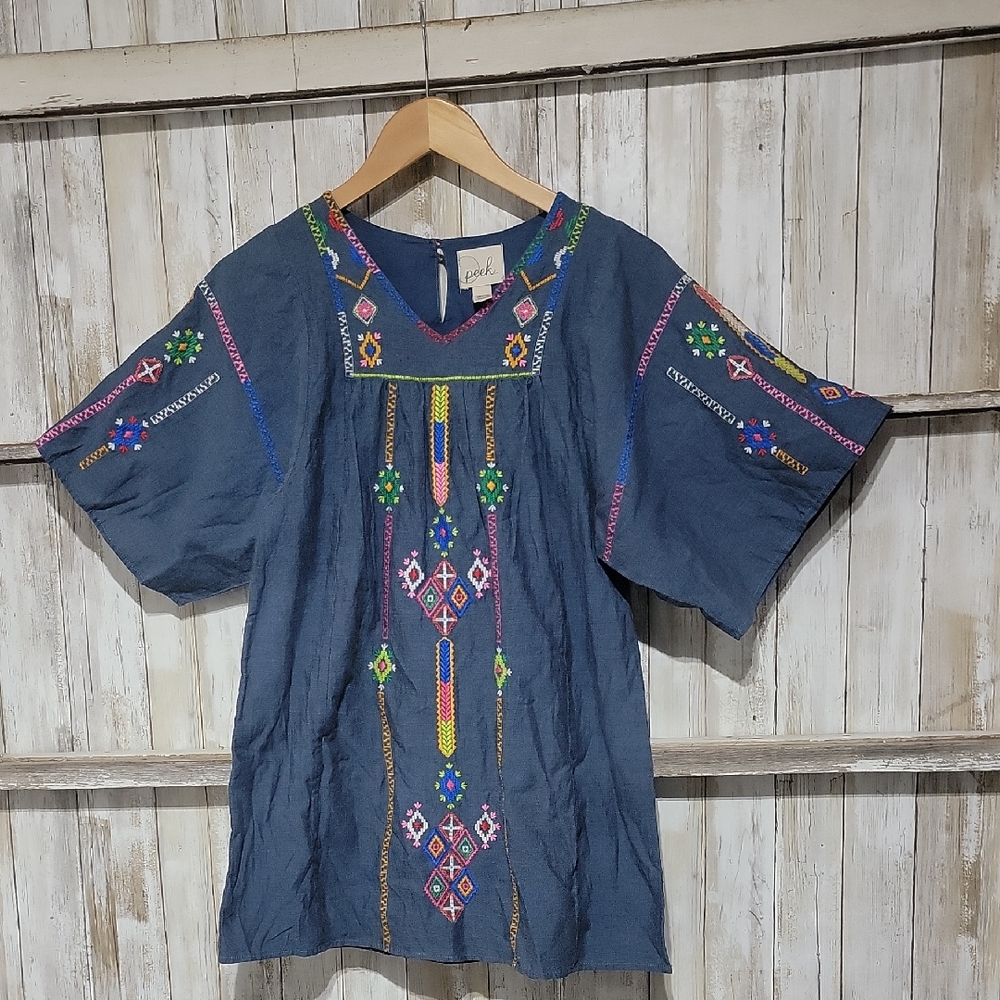 Peek Embroidered Chambray Girls Dress in Blue Size 10